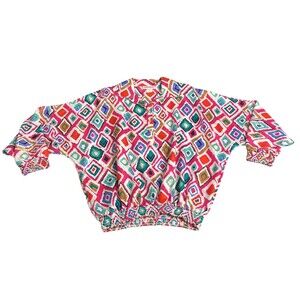 Vintage Gabriela Top Womens XL Geometric Floral Satin 80s Iridescent Popover